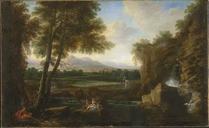 Paysage classique avec petite cascade et village